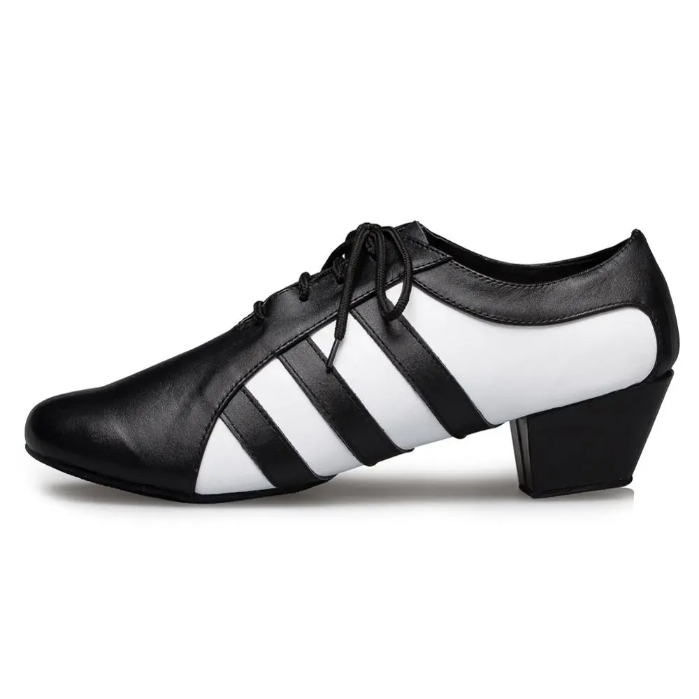 DKZSYIM New Latin Dance Shoes Adult Men White+Black Professional Salsa Shoes Leather Plus Size  Low Heel Ballroom Tango Shoes