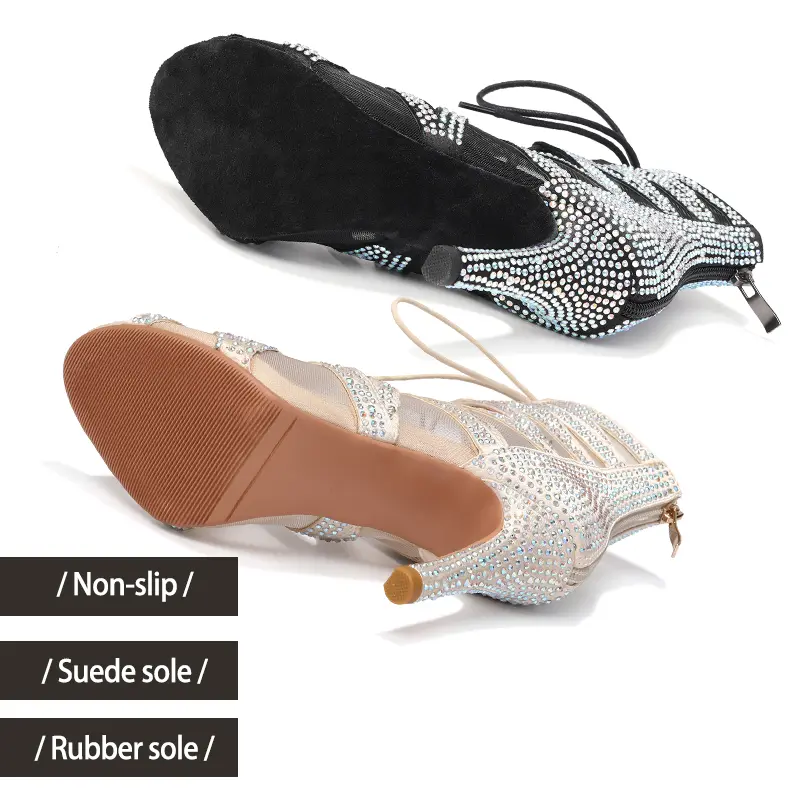 Sexy Stilettos Women Rheinstone Dance Shoes High Heels Peep Toe Dance Booties Girls Ladies Latin Salsa Tango Ballroom Shoes
