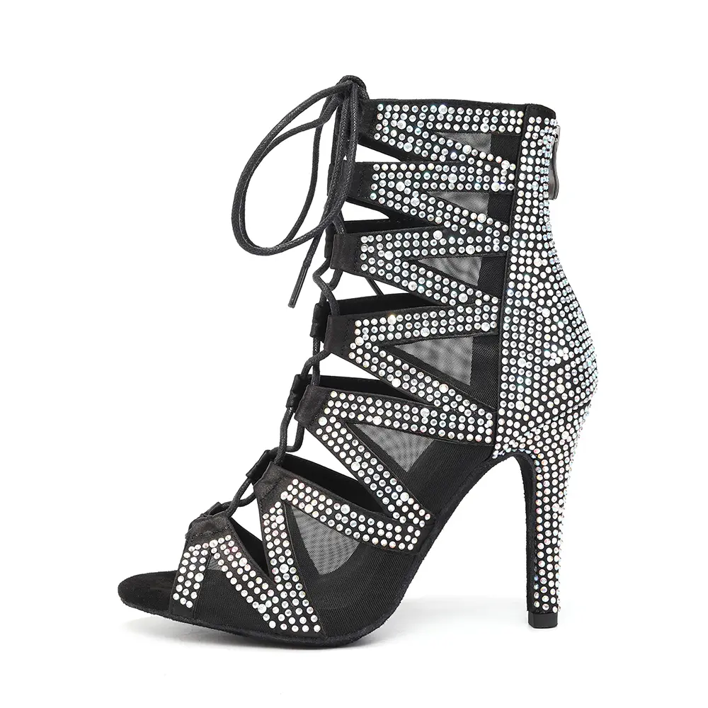 Sexy Stilettos Women Rheinstone Dance Shoes High Heels Peep Toe Dance Booties Girls Ladies Latin Salsa Tango Ballroom Shoes