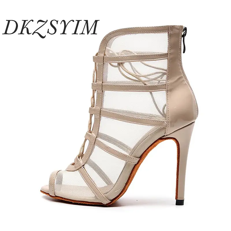 DKZSYIM Women Latin Dance Shoes Black High Top Ballroom Tango Salsa Dancing Boots  Lace-Up Soft Bottom Party Dance Shoes 6-10CM