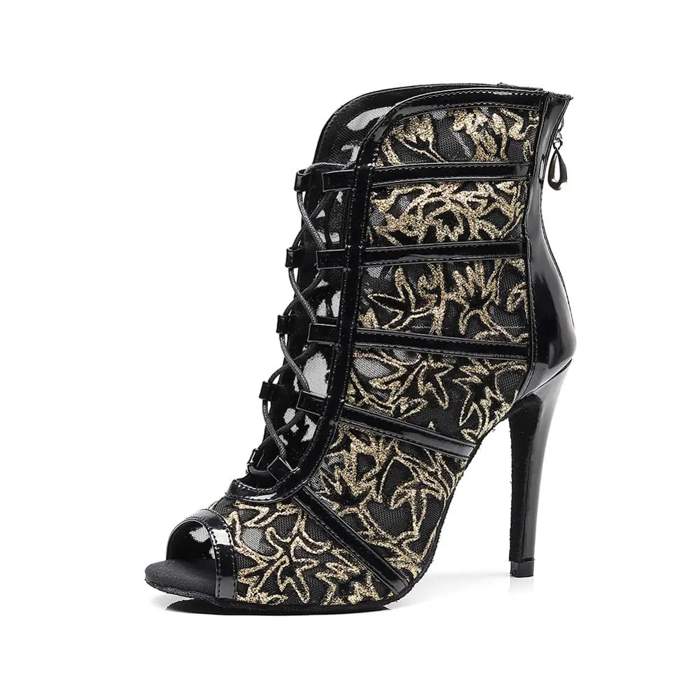 DKZSYIM Women Latin Dance Shoes Black High Top Ballroom Tango Salsa Dancing Boots  Lace-Up Soft Bottom Party Dance Shoes 6-10CM