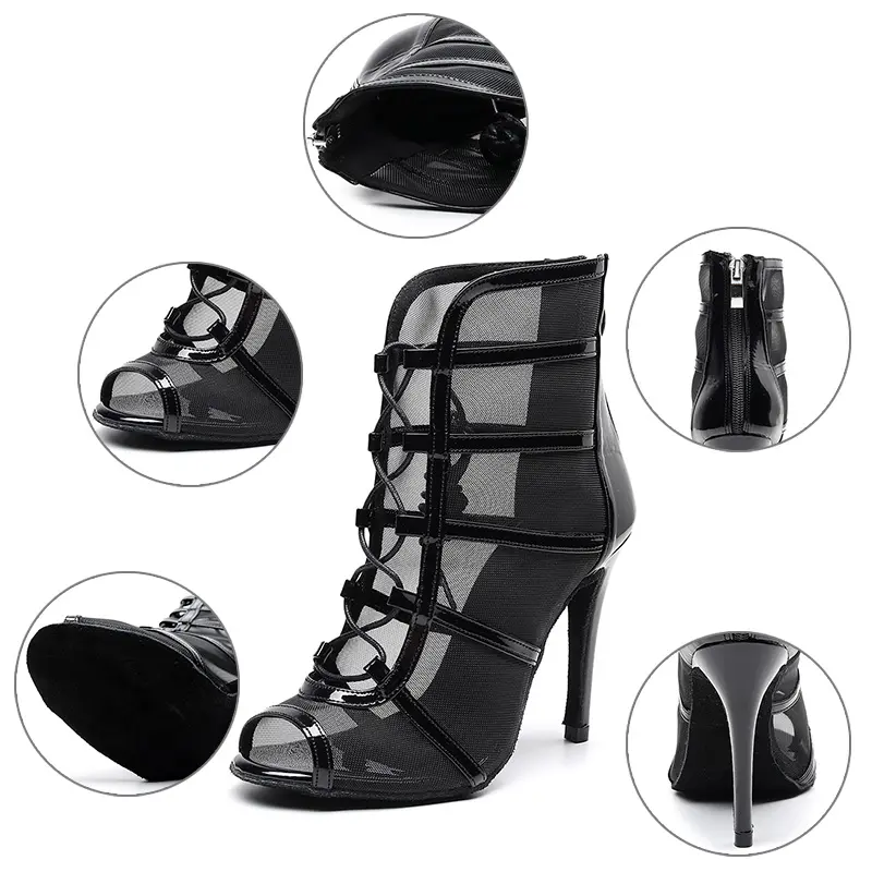 DKZSYIM Women Latin Dance Shoes Black High Top Ballroom Tango Salsa Dancing Boots  Lace-Up Soft Bottom Party Dance Shoes 6-10CM