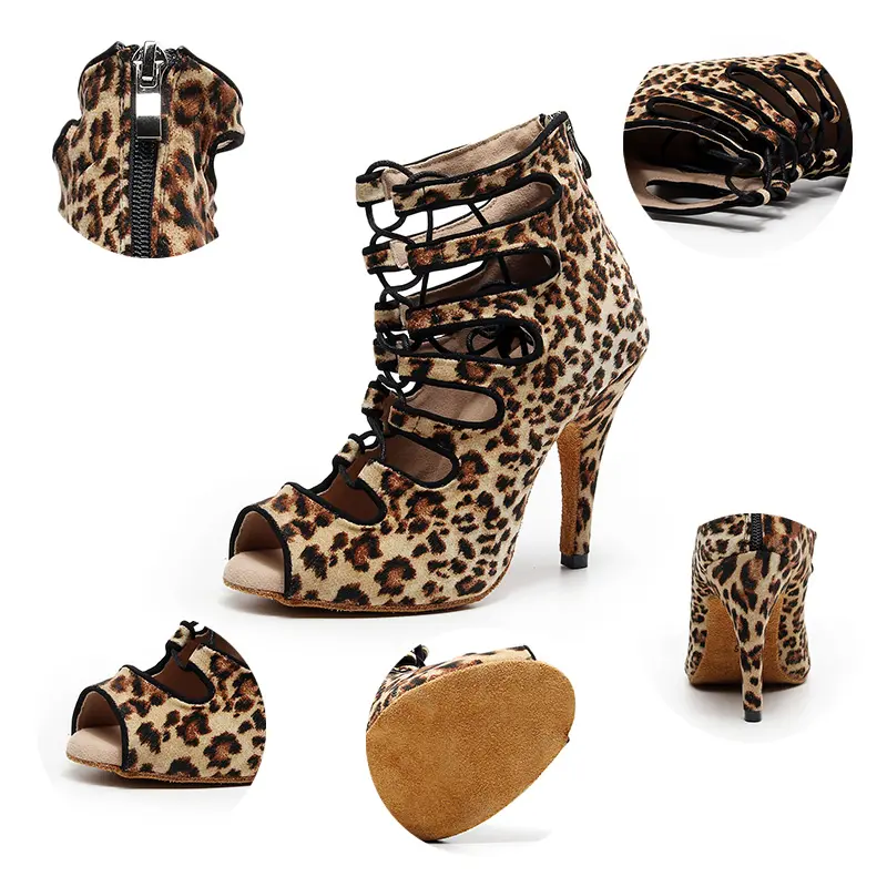 DKZSYIM Lace-Up Latin Dance Shoes Women Ballroom Party Heels Girls leopard Salsa Boots soft sole Dance Shoes Sexy Stilettos