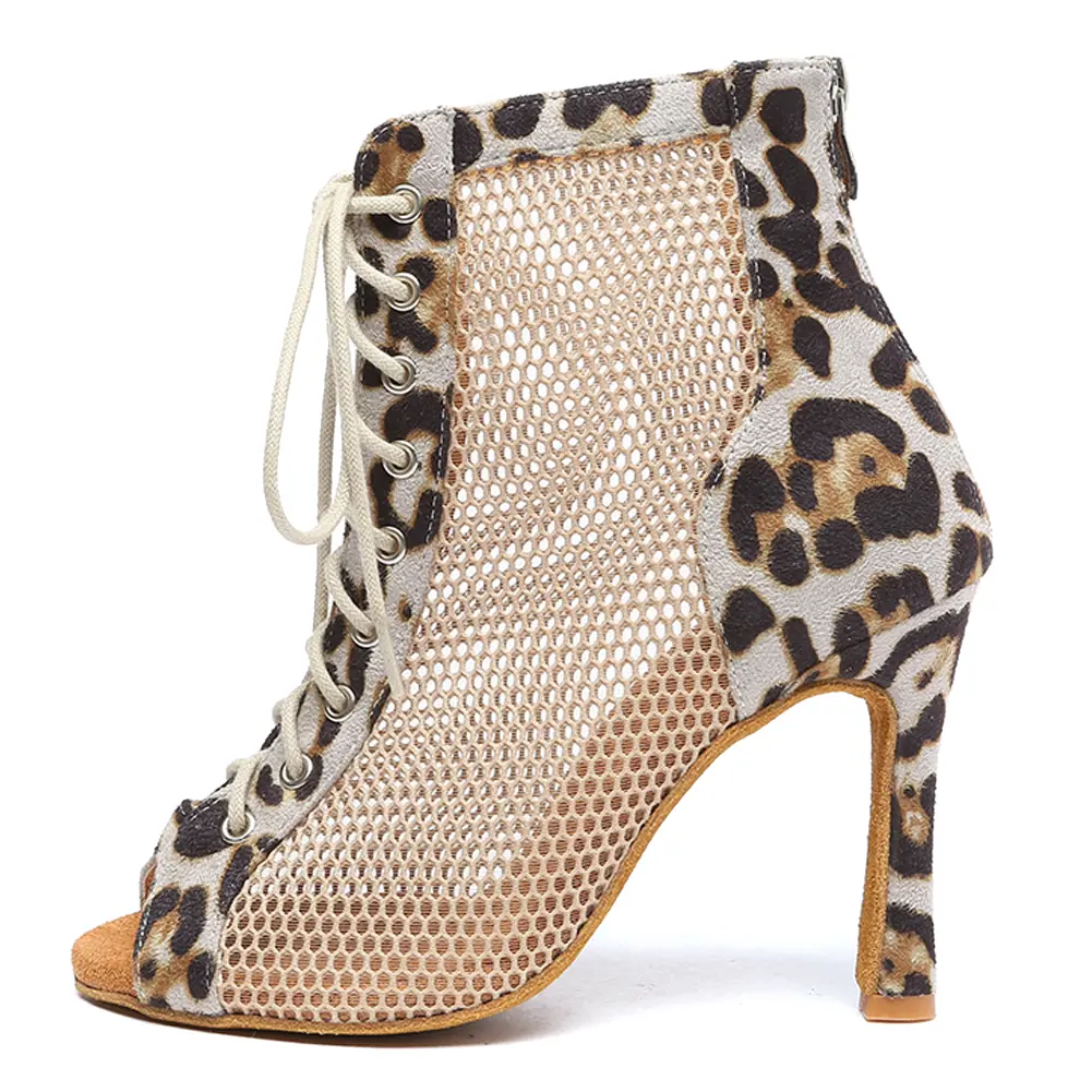 Women Latin Sexy stilettos Leopard Mesh High Heels Dance Shoes Women's Party Boots Dance Black Salsa Dancing Shoes Ballroom