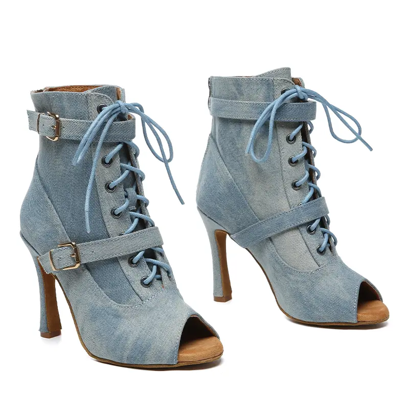 DKZSYIM Women Ballroom Dance Boots Latin Dance Shoes High-Heeled Party Shoes Denim Dance boots Ladies Tango Salsa Dancing Shoes