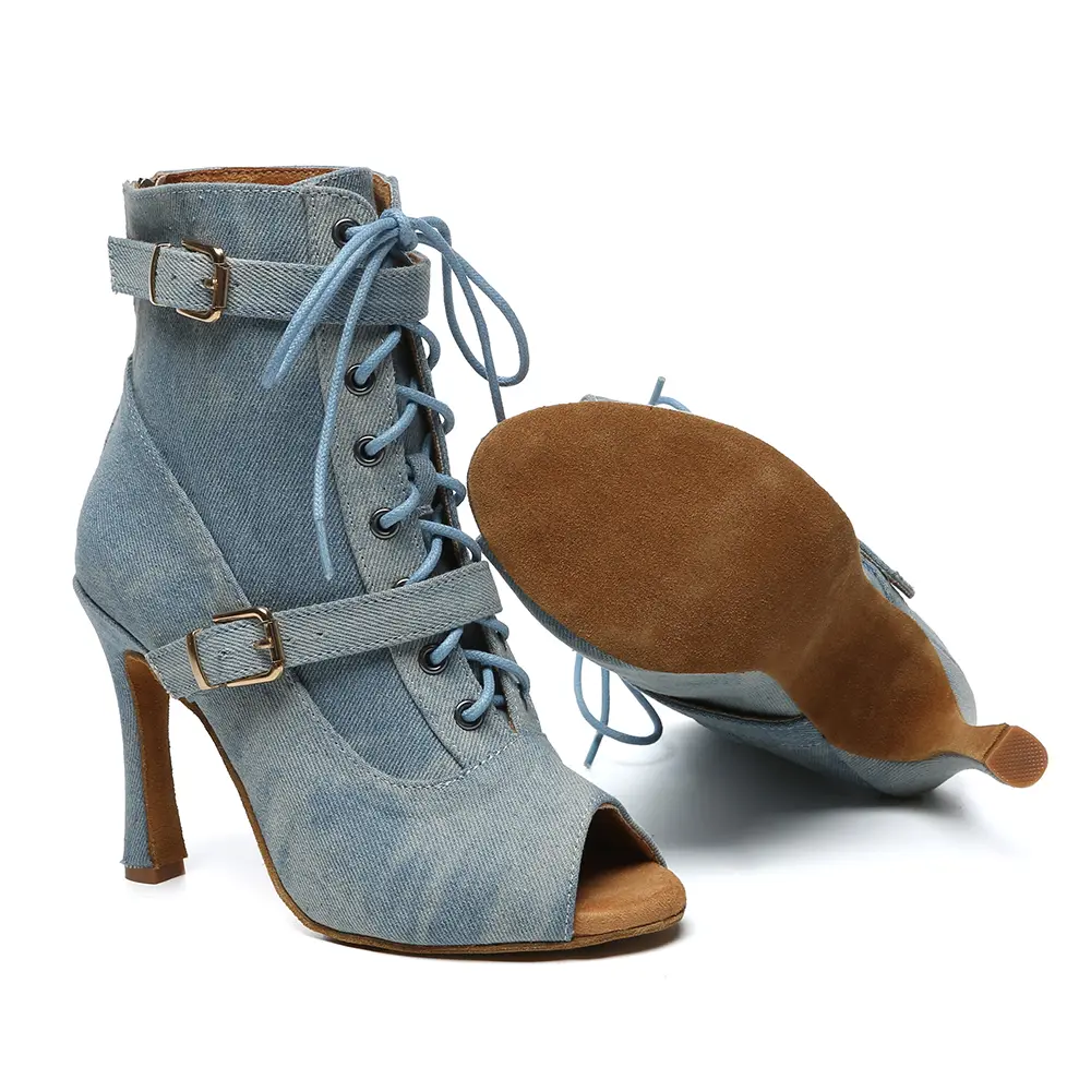 DKZSYIM Women Ballroom Dance Boots Latin Dance Shoes High-Heeled Party Shoes Denim Dance boots Ladies Tango Salsa Dancing Shoes