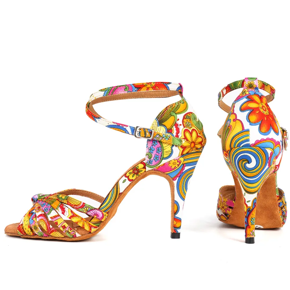 DKZSYIM Latin Dance Shoes For Women Female Ladies Ballroom Tango Dance Shoes Print Flowers Soft Bottom Salsa Dance Shoes 6-10CM