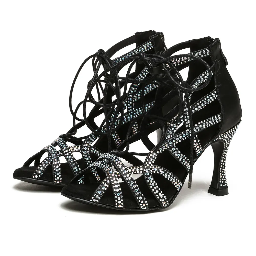 Rhinestone Dance Boots Woman lace-up Dancing shoes Girls Ladies Black Dance High Heels Women Salsa Boots Ballroom Dance shoes