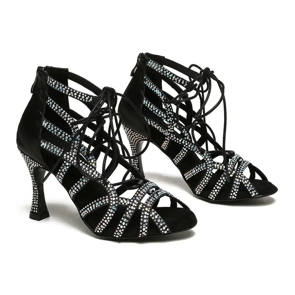 Rhinestone Dance Boots Woman lace-up Dancing shoes Girls Ladies Black Dance High Heels Women Salsa Boots Ballroom Dance shoes