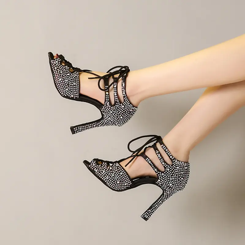 Woman Rhinestone Dance Shoes lace-up Dance Boots Girls Ladies High Heels Salsa Boots Performance Women Ballroom Dancing shoes