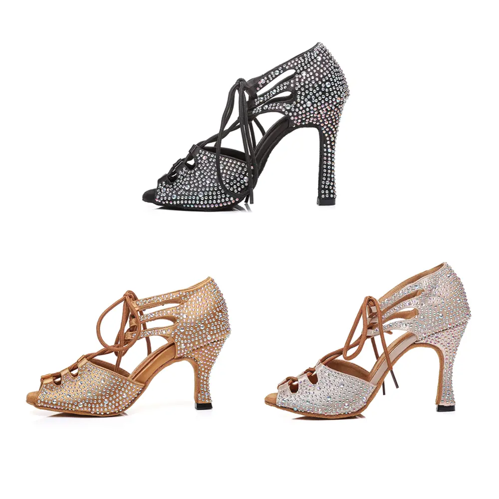 Woman Rhinestone Dance Shoes lace-up Dance Boots Girls Ladies High Heels Salsa Boots Performance Women Ballroom Dancing shoes
