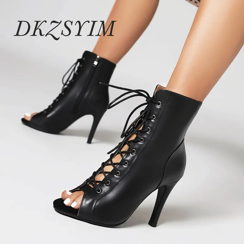 Sexy Stilettos Black Leather Latin Dance Shoes Women High Heels Peep Toe Party Dance Booties for Girls Tango Ballroom Shoes