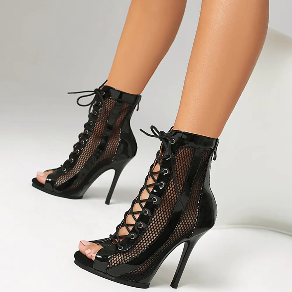 DKZSYIM Woman Dance Shoes lace-up Mesh Dance Shoes Sexy Stilettos for Ladies Girls Black Dance Booties Women Dancing Shoes