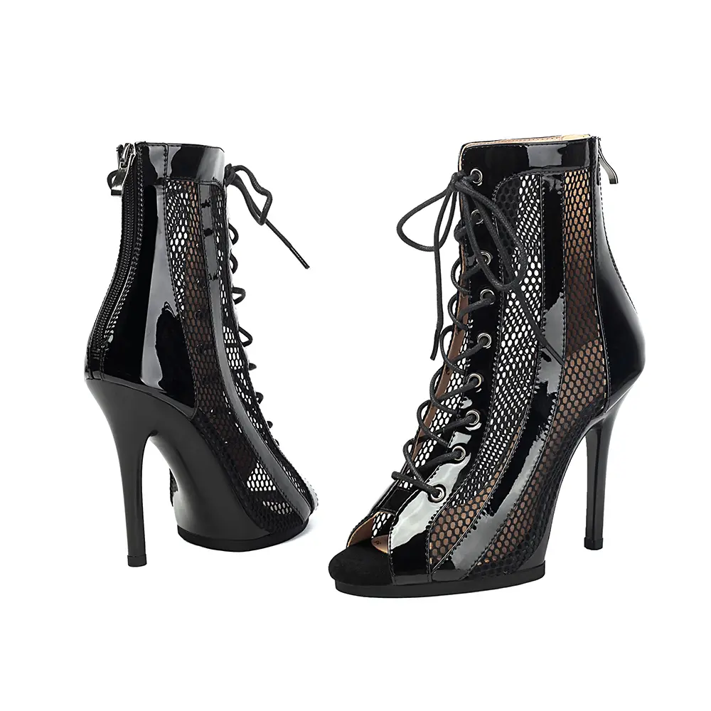 DKZSYIM Woman Dance Shoes lace-up Mesh Dance Shoes Sexy Stilettos for Ladies Girls Black Dance Booties Women Dancing Shoes