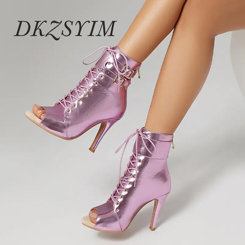 DKZSYIM Woman Latin Dance Shoes leather Dance Booties for Women Dance Heels Pink/Gold Ballroom Dancing Shoes Sexy Stilettos