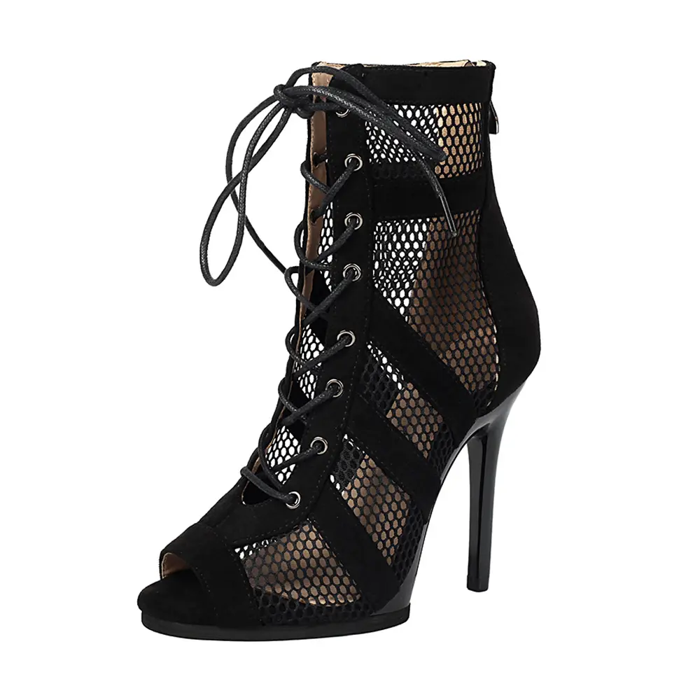 DKZSYIM Woman lace-up Dance Shoes Black Dance Booties for Ladies Mesh Dance Boots Heels Girls Women Sexy Stiletto High Heels