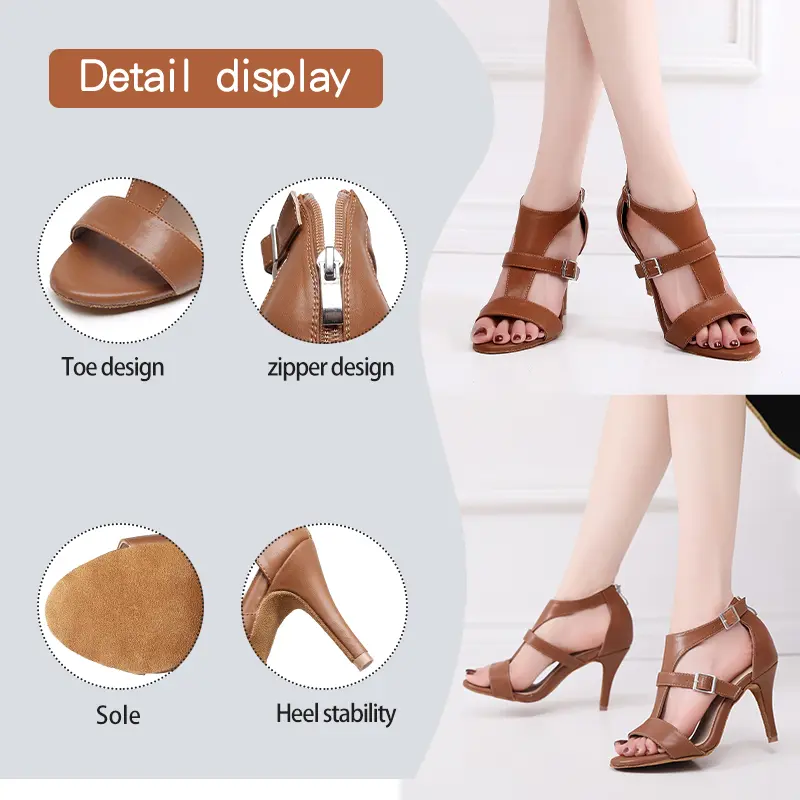 DKZSYIM New Women Dance Boots Leather coffee colored sandals soft sole Peep-toe Dance Shoes Women Party Ballroom Dancing Shoes