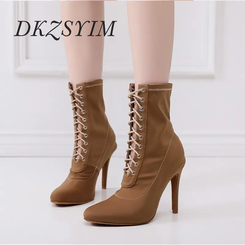DKZSYIM Woman Lace-up Dance Boots Elastic fabric Dancing shoes soft sole High Heels Sexy Stilettos Dance Booties Spring/Autumn