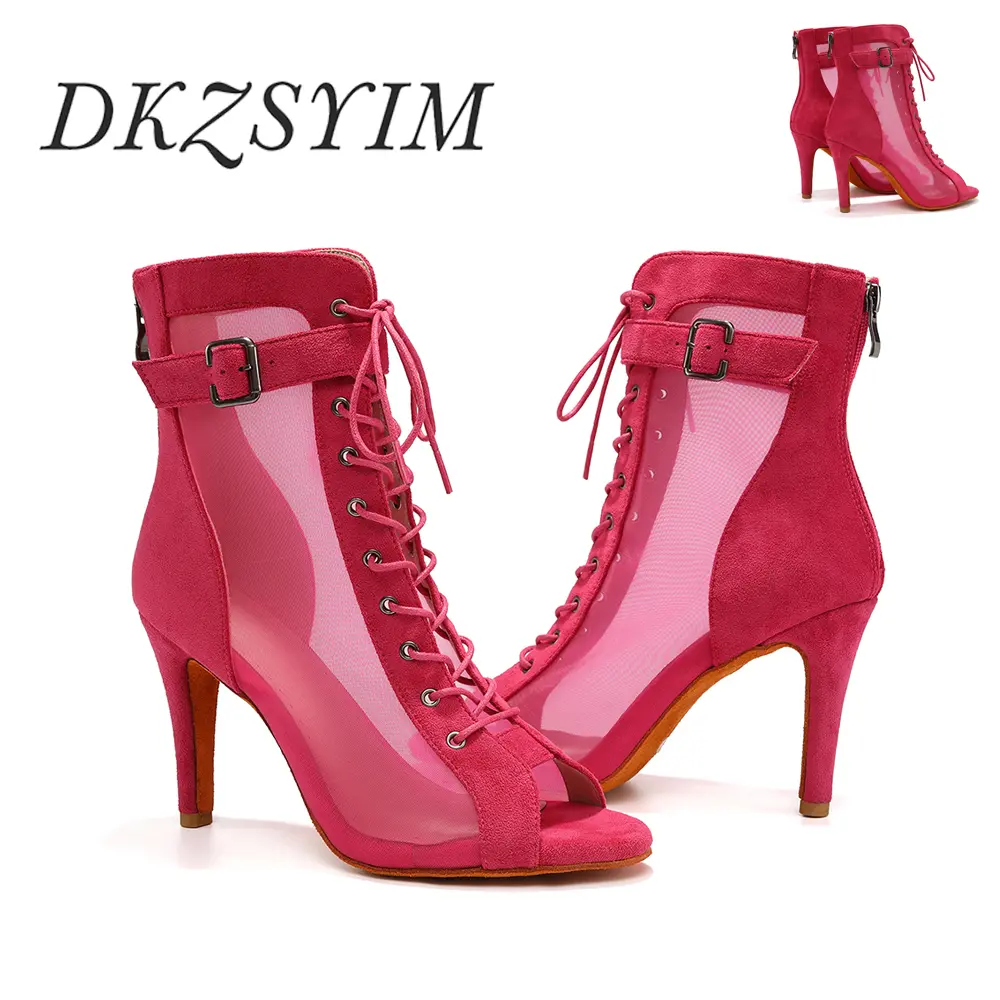 Women Sexy Stilettos Peep-Toe Dance Booties Rose Red Dance Shoes High Heels Girls Ladies Latin Salsa Tango Ballroom Shoes