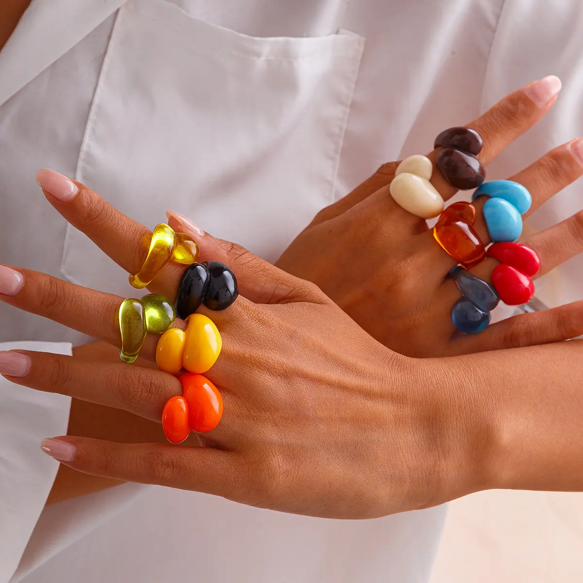 Ingemark Multicolor Resin Water Drop Chunky Rings Women Boho Geometric Open Cuff Finger Rings Y2K Wed Jewelry Party Accessories
