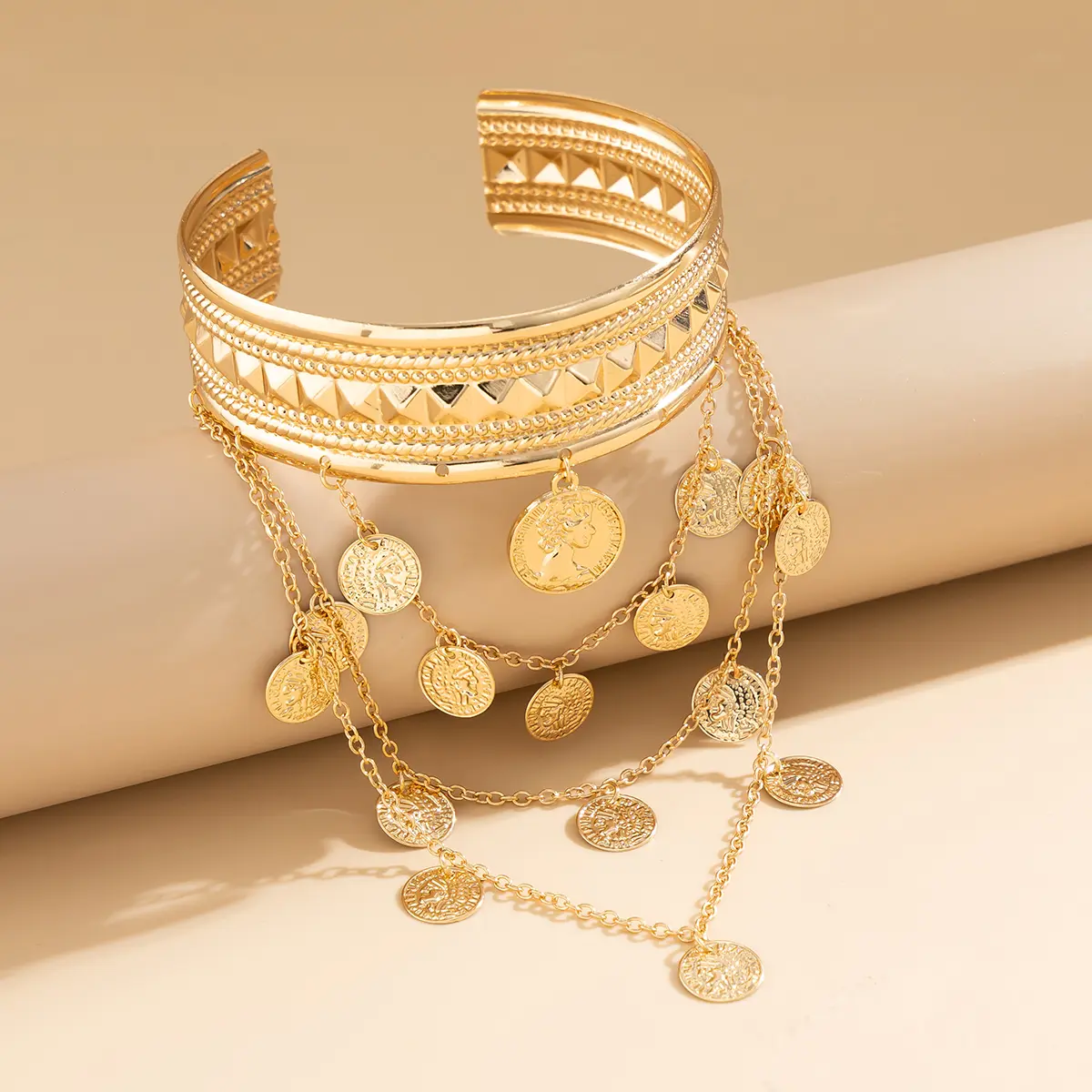 Ingemark Punk Multilayer Tassel Coin Pendant Upper Arm Bracelet for Women Goth Open Cuff Bangles Couple Hand Jewelry Gift New