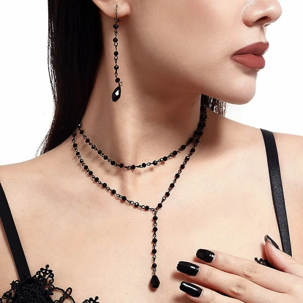 Ingemark Goth Black Imitation Crystal Chain Necklace Drop Earrings for Women Vintage Cross Jesus Moon Pendant Choker Jewelry Set