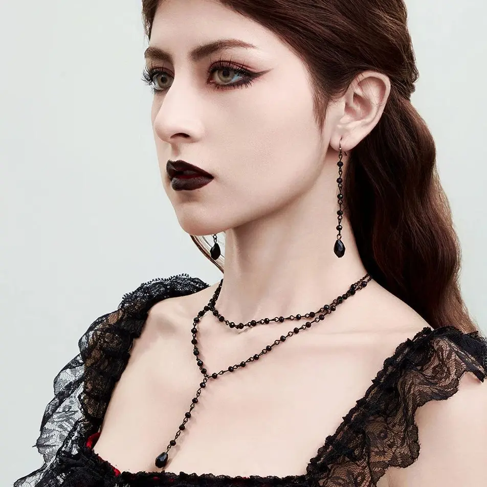 Ingemark Goth Black Imitation Crystal Chain Necklace Drop Earrings for Women Vintage Cross Jesus Moon Pendant Choker Jewelry Set