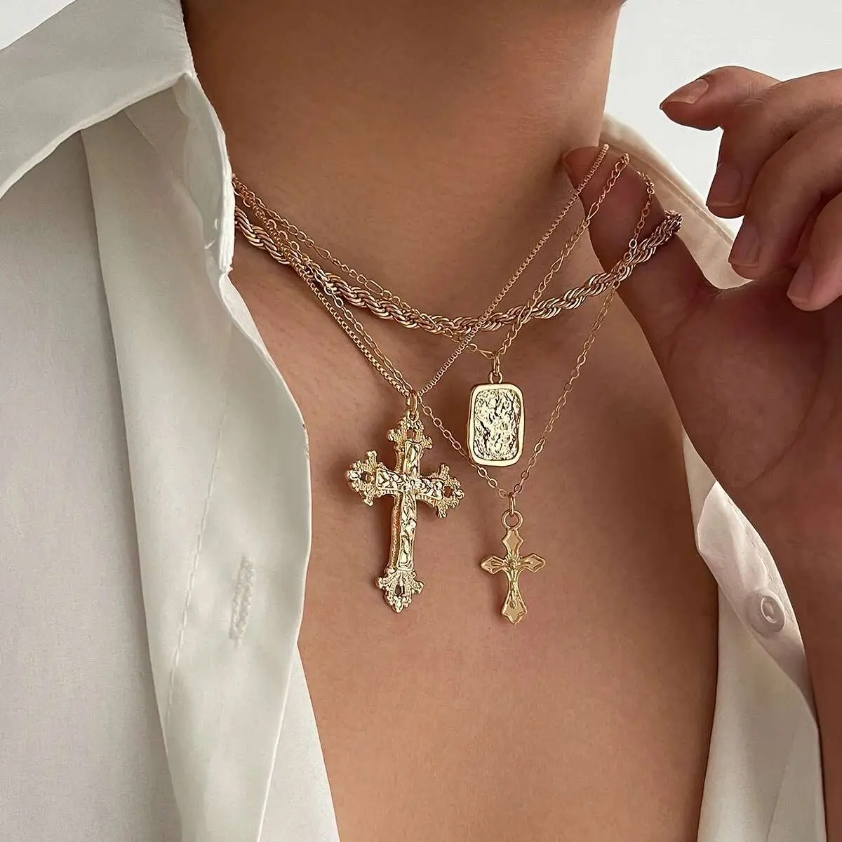Ingemark Multilayer Goth Jesus Cross Pendant Choker Necklace for Men Trend 2025 Vintage Adjustable Thin Chain Christian Jewelry