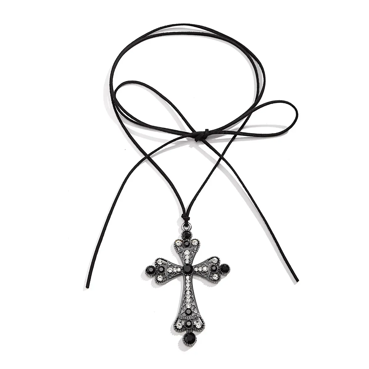 Exaggerated Goth Rhinestone Big Cross Jesus Pendant Choker Necklace Women Adjustable Bowknot Rope Chain Halloween Party Jewelry