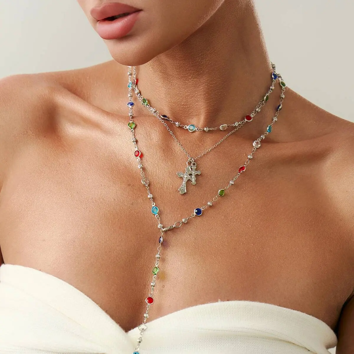 Ingemark 3Pcs/Set Y2K Boho Crystal Tassel Chain Necklace Women Collares New Trend Goth Cross Pendant Choker Party Jewelry Gift