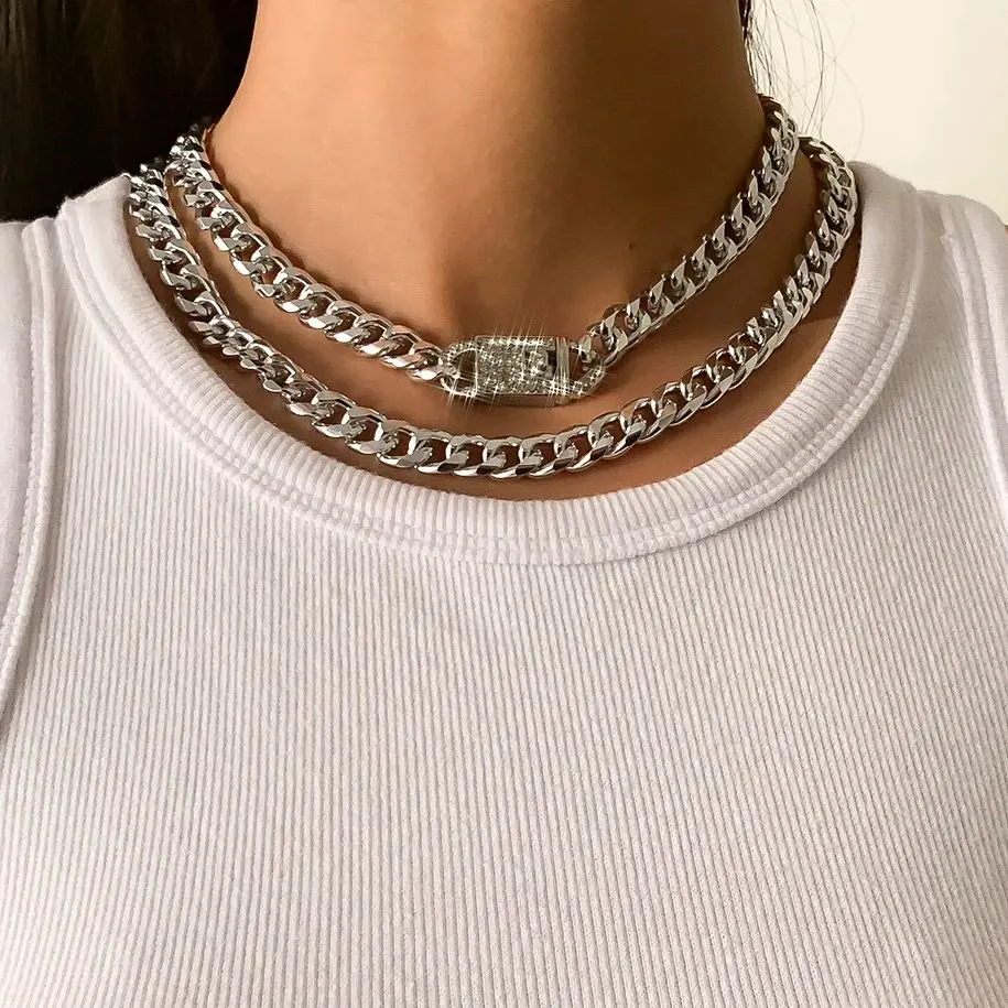Punk Hip Hop Thick Cuban Chain Necklaces for Women Exaggerated Gold Color Hollow Out Lock Chokers Steampunk Jewelry Accessories