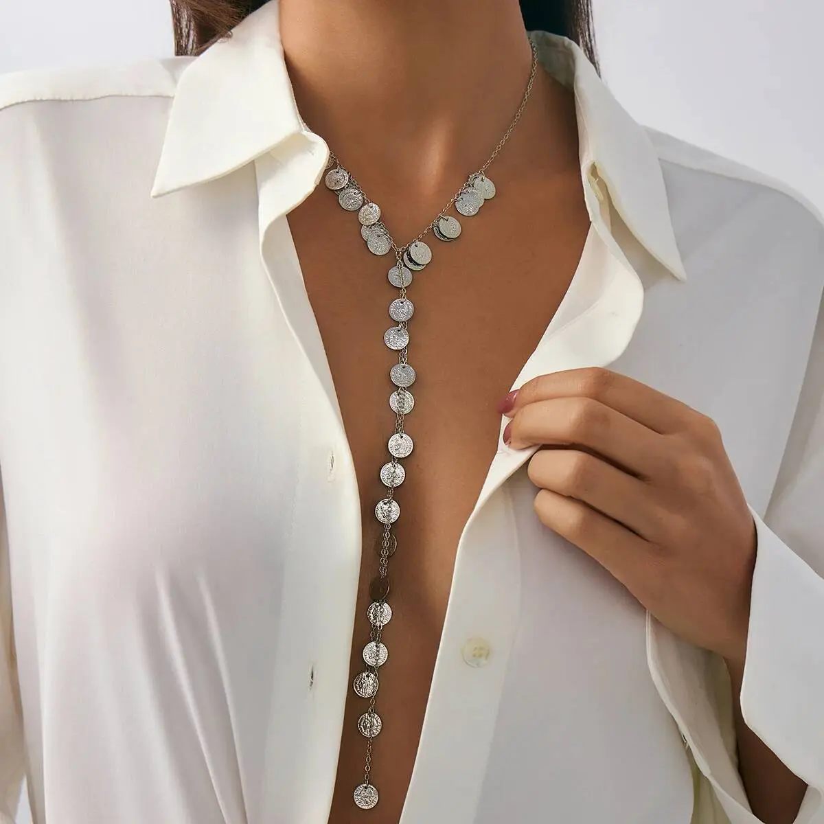 Ingemark Sexy Vintage Round Sequin Long Tassels Pendant Necklace for Women New Trend Boho Chest Choker Neck Jewelry Accessories