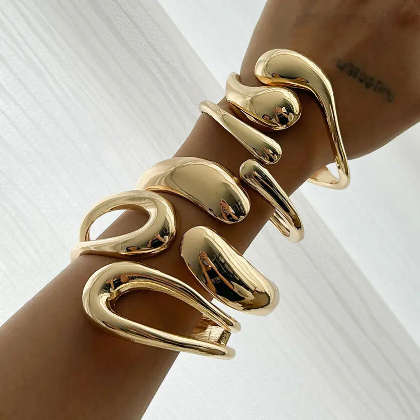 Ingemark 4 Styles Creative Smooth Water Drop Spring Bangle Punk Irregular Chunky Thick Cuff Bracelet Women Men Hand Jewelry Gift