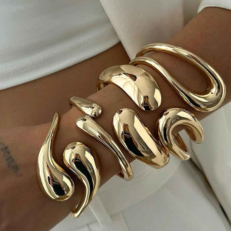 Ingemark 4 Styles Creative Smooth Water Drop Spring Bangle Punk Irregular Chunky Thick Cuff Bracelet Women Men Hand Jewelry Gift