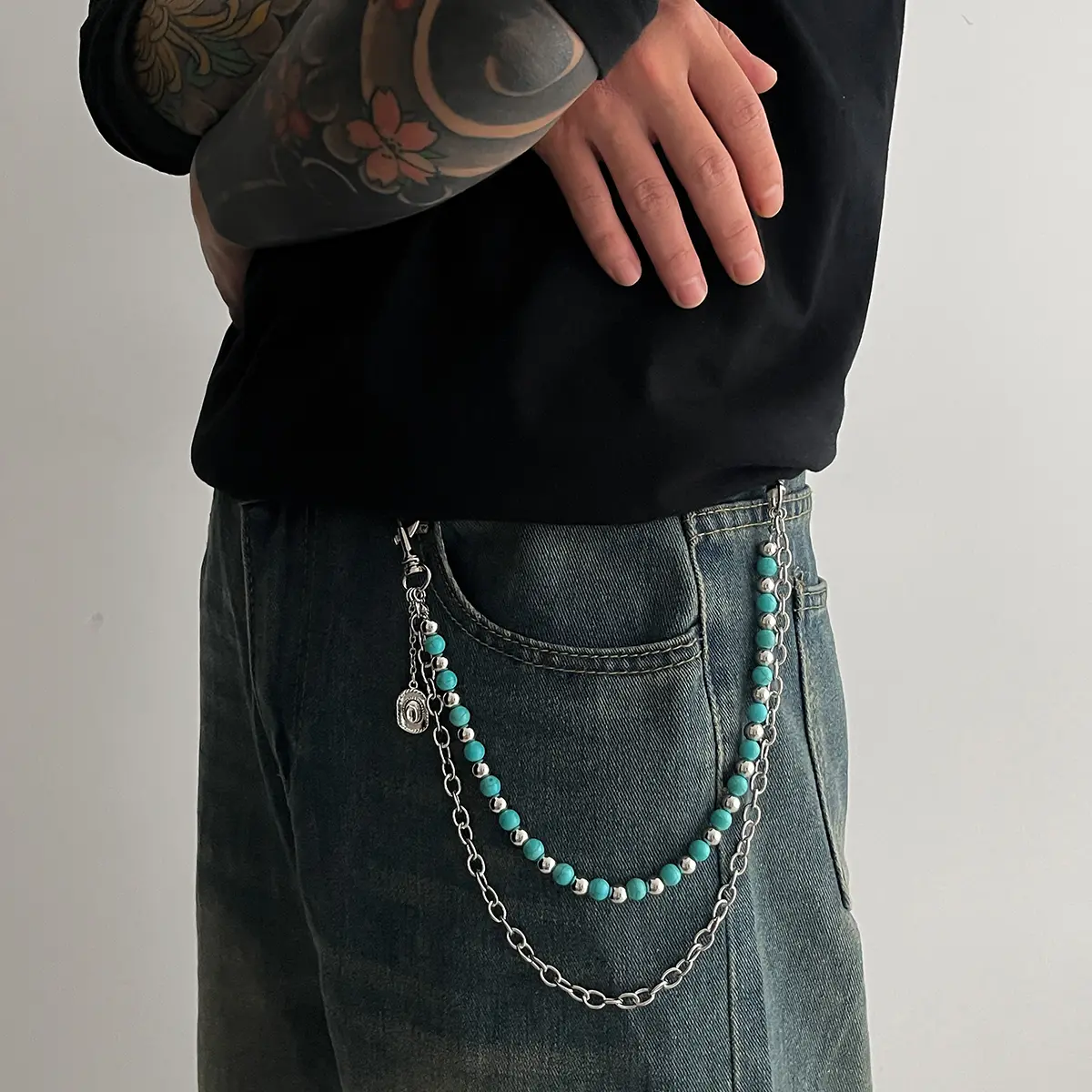 Ingemark Y2K Trendy Blue Stone Bead Jeans Pants Chain For Men Women Hip Hop Punk Double Layer Keychains Bag Accesories Jewelry