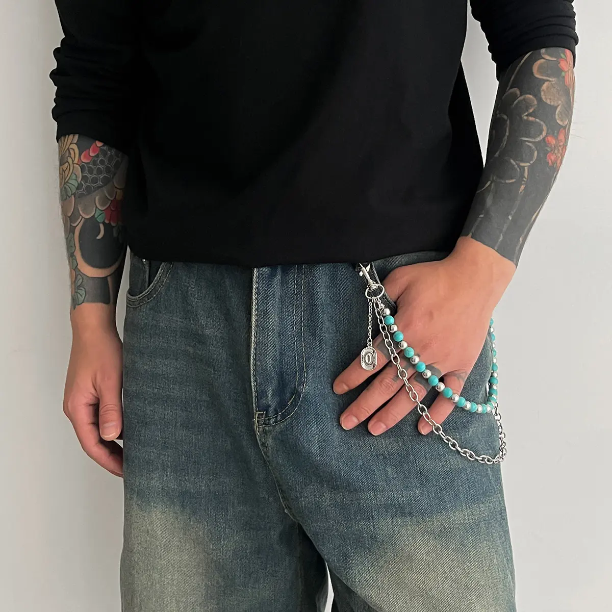 Ingemark Y2K Trendy Blue Stone Bead Jeans Pants Chain For Men Women Hip Hop Punk Double Layer Keychains Bag Accesories Jewelry