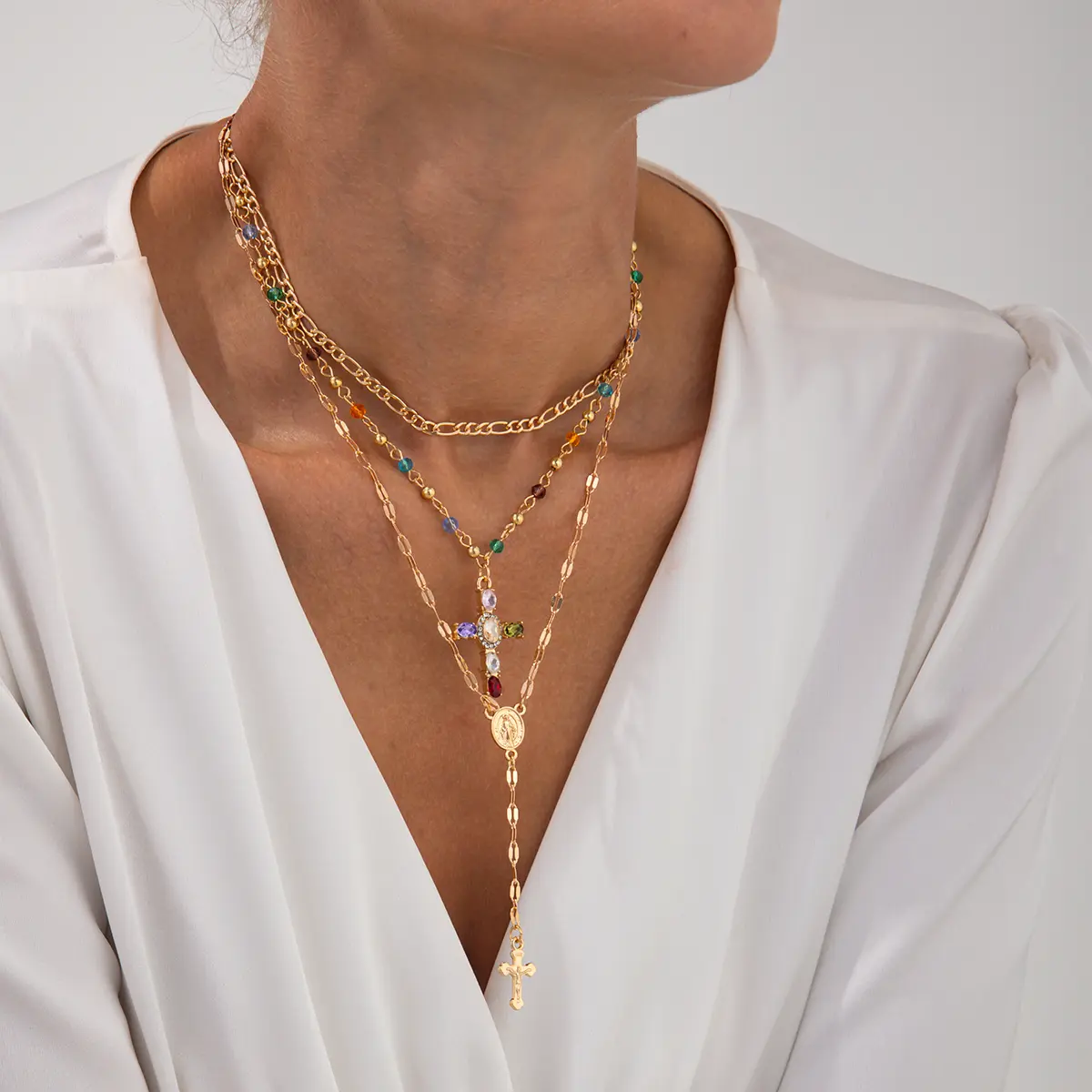 Ingemark 3Pcs/Set Unique Cross Pendant Necklace for Women Men Simple Colorful Crystal Long Y-shaped Necklace Y2K Party Jewelry