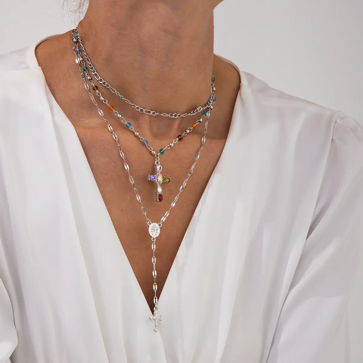 Ingemark 3Pcs/Set Unique Cross Pendant Necklace for Women Men Simple Colorful Crystal Long Y-shaped Necklace Y2K Party Jewelry