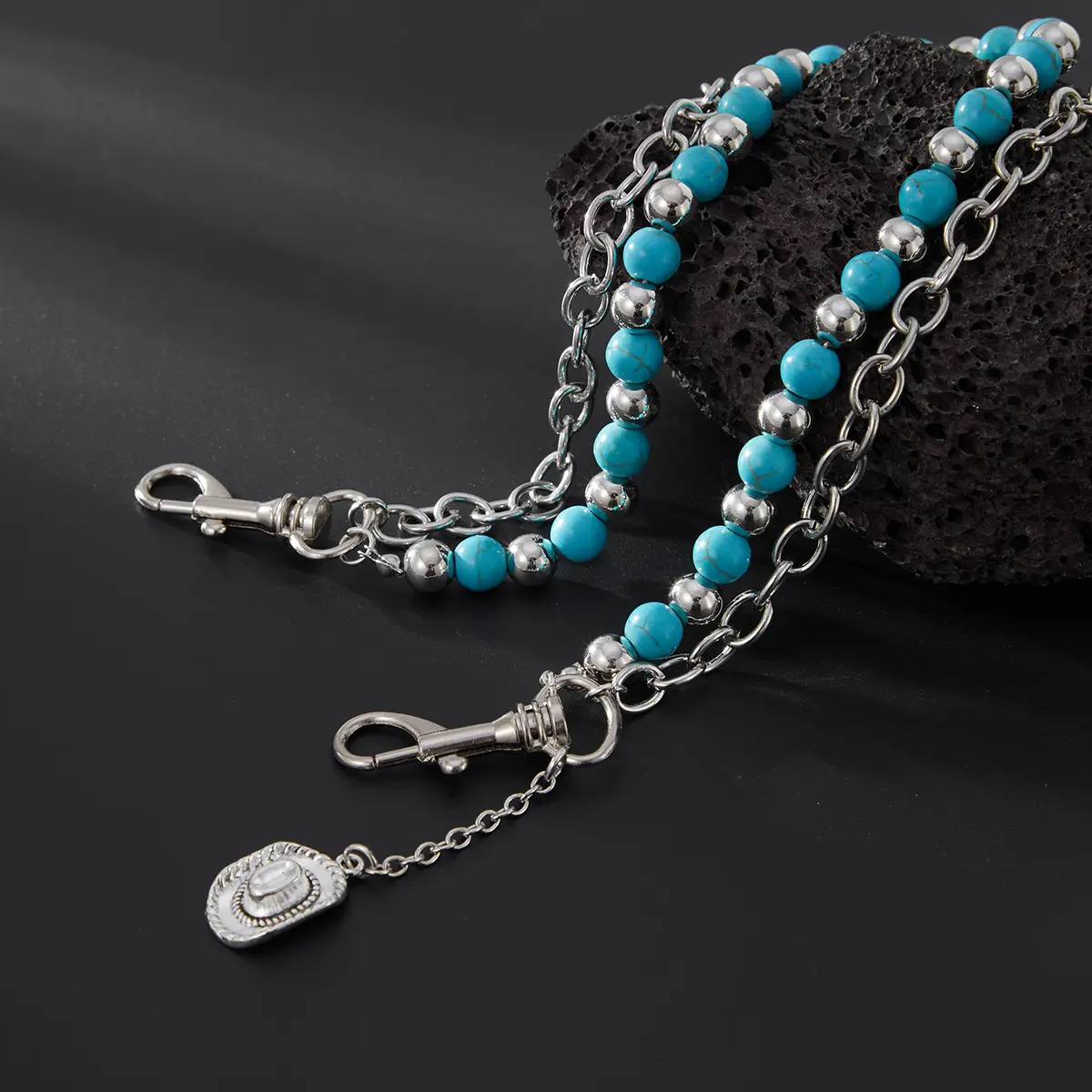Ingemark Y2K Trendy Blue Stone Bead Jeans Pants Chain For Men Women Hip Hop Punk Double Layer Keychains Bag Accesories Jewelry