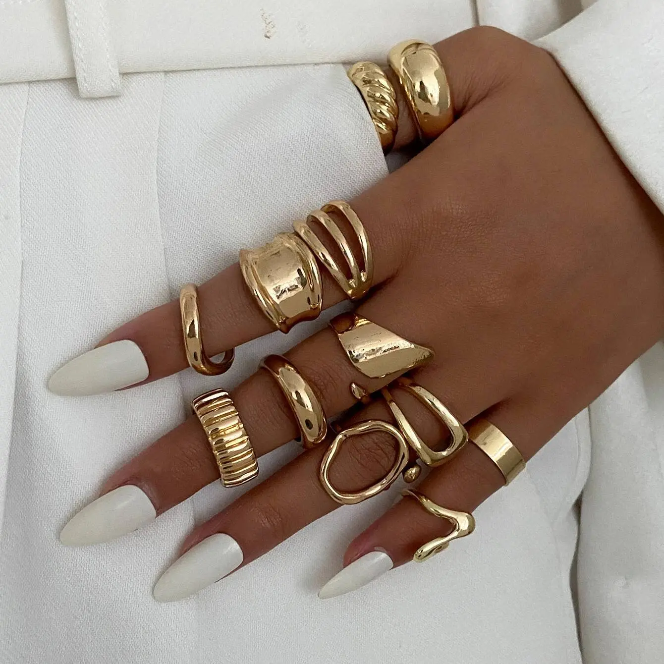 Ingemark 12Pcs/Set Vintage Irregular Geometric Open Adjustable Rings Women New Trend Goth Metal Rings Suitable for Daily Party