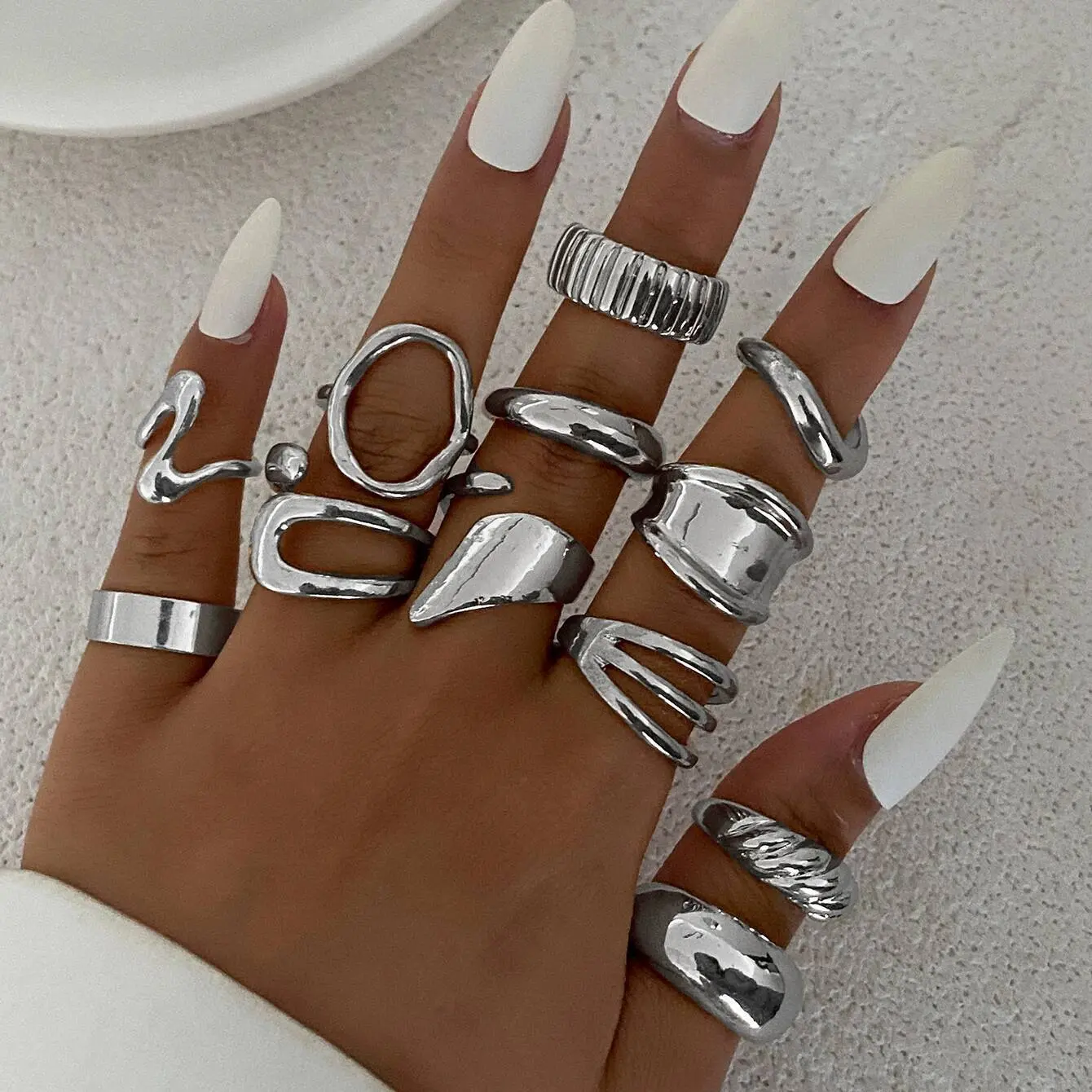 Ingemark 12Pcs/Set Vintage Irregular Geometric Open Adjustable Rings Women New Trend Goth Metal Rings Suitable for Daily Party