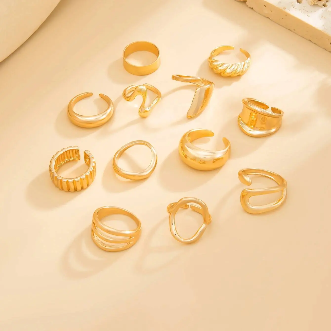 Ingemark 12Pcs/Set Vintage Irregular Geometric Open Adjustable Rings Women New Trend Goth Metal Rings Suitable for Daily Party