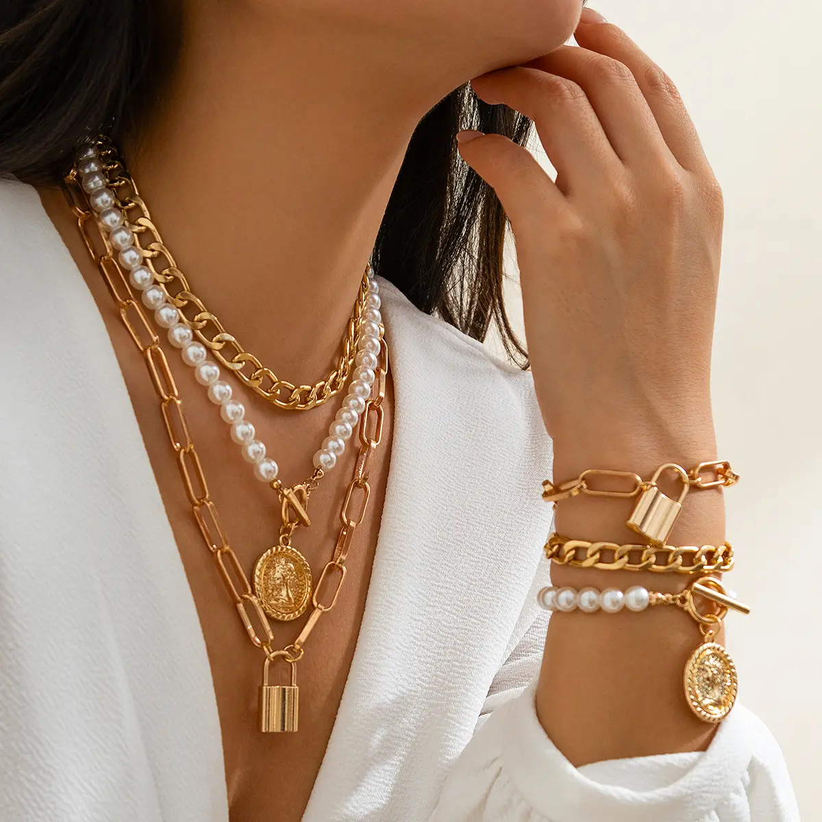 Ingemark Creative Multilayer Cuban Chunky Chain Necklace Bracelet Women Punk Lock Coin Pendant Grunge Jewelry Set Steampunk Men