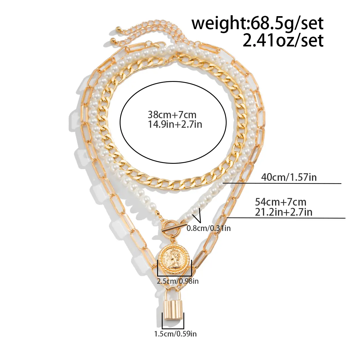 Ingemark Creative Multilayer Cuban Chunky Chain Necklace Bracelet Women Punk Lock Coin Pendant Grunge Jewelry Set Steampunk Men