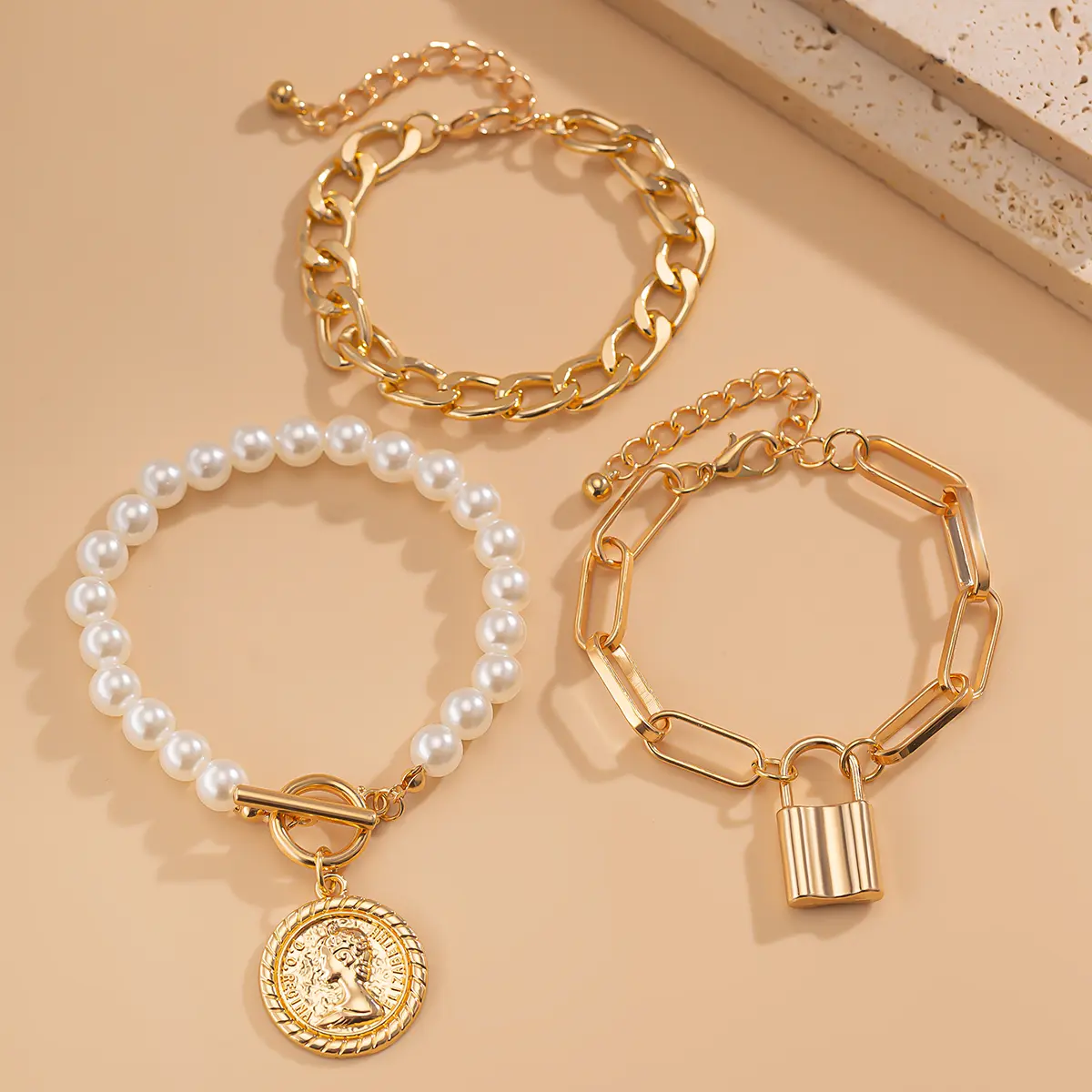 Ingemark Creative Multilayer Cuban Chunky Chain Necklace Bracelet Women Punk Lock Coin Pendant Grunge Jewelry Set Steampunk Men