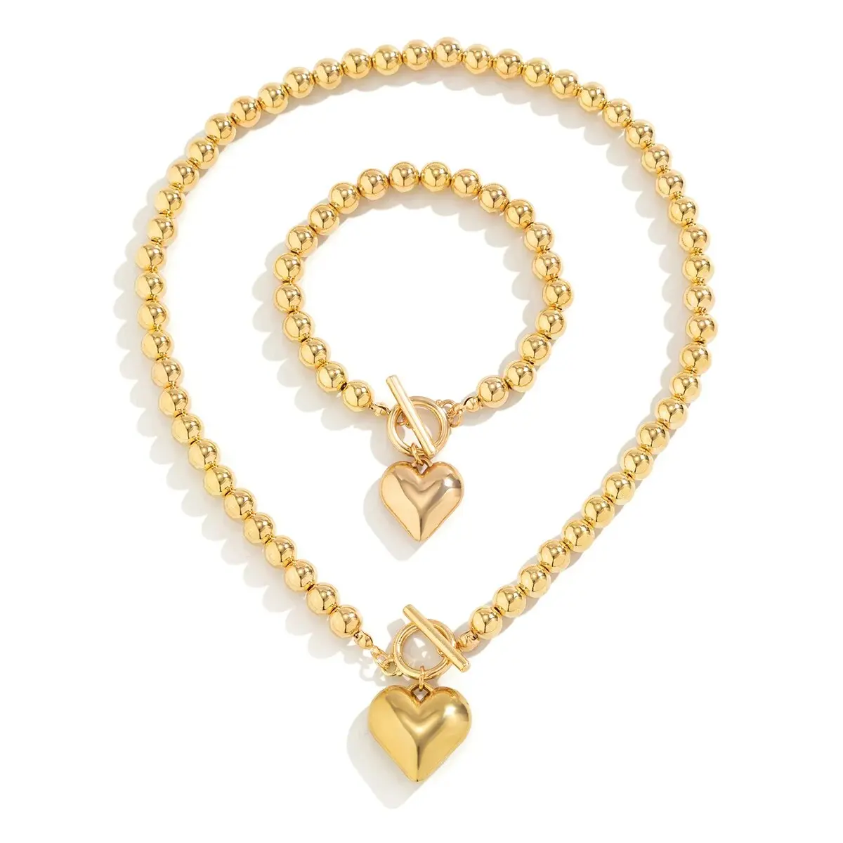 2Pcs Luxury Gold Color Beads Heart Pendant Necklace Bracelet for Women Punk Vintage OT Buckle Choker Wedding Party Jewelry Set