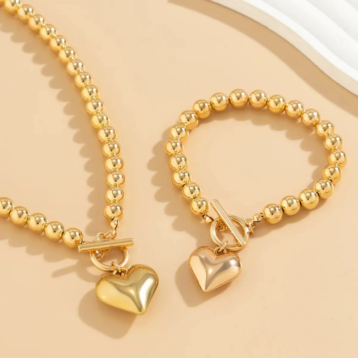 2Pcs Luxury Gold Color Beads Heart Pendant Necklace Bracelet for Women Punk Vintage OT Buckle Choker Wedding Party Jewelry Set