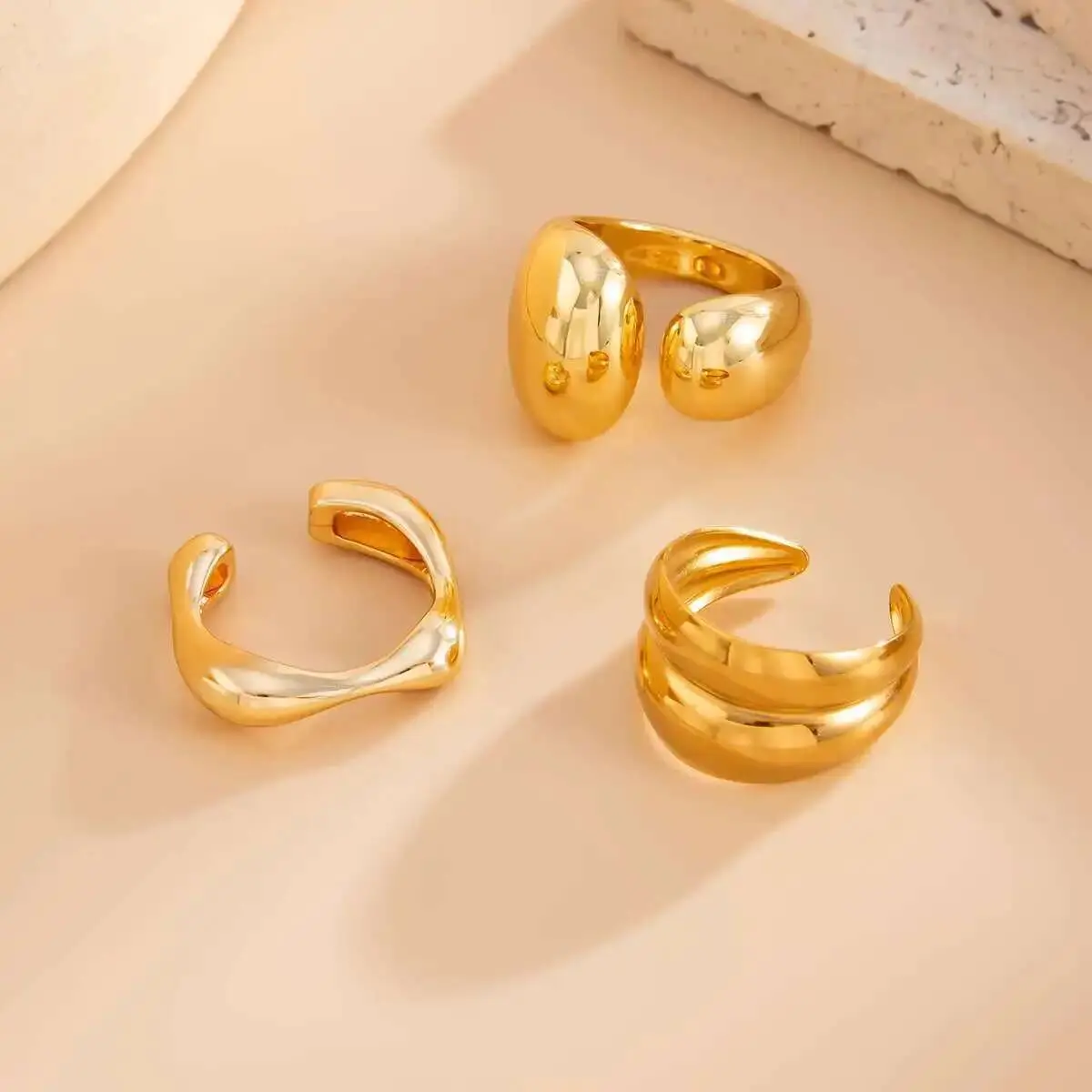 Ingemark 3Pcs/Set Retro Unique Smooth Curved Water Drop Open Rings For Women 2025 Trendy Gold Color Finger Rings Wedding Jewelry