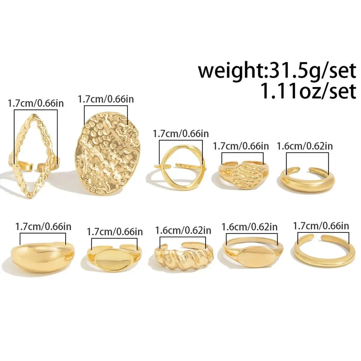 Ingemark 10Pcs/Set Vintage Irregular Open Adjustable Rings for Women New Trend Stacking Finger Rings Daily Party Jewelry Gift