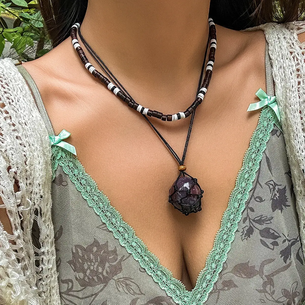 2Pcs/Set Wooden Beads Chain Irregular Stone Pendant Choker Necklace Women Vintage Adjustable Rope Chain Jewelry Accessories